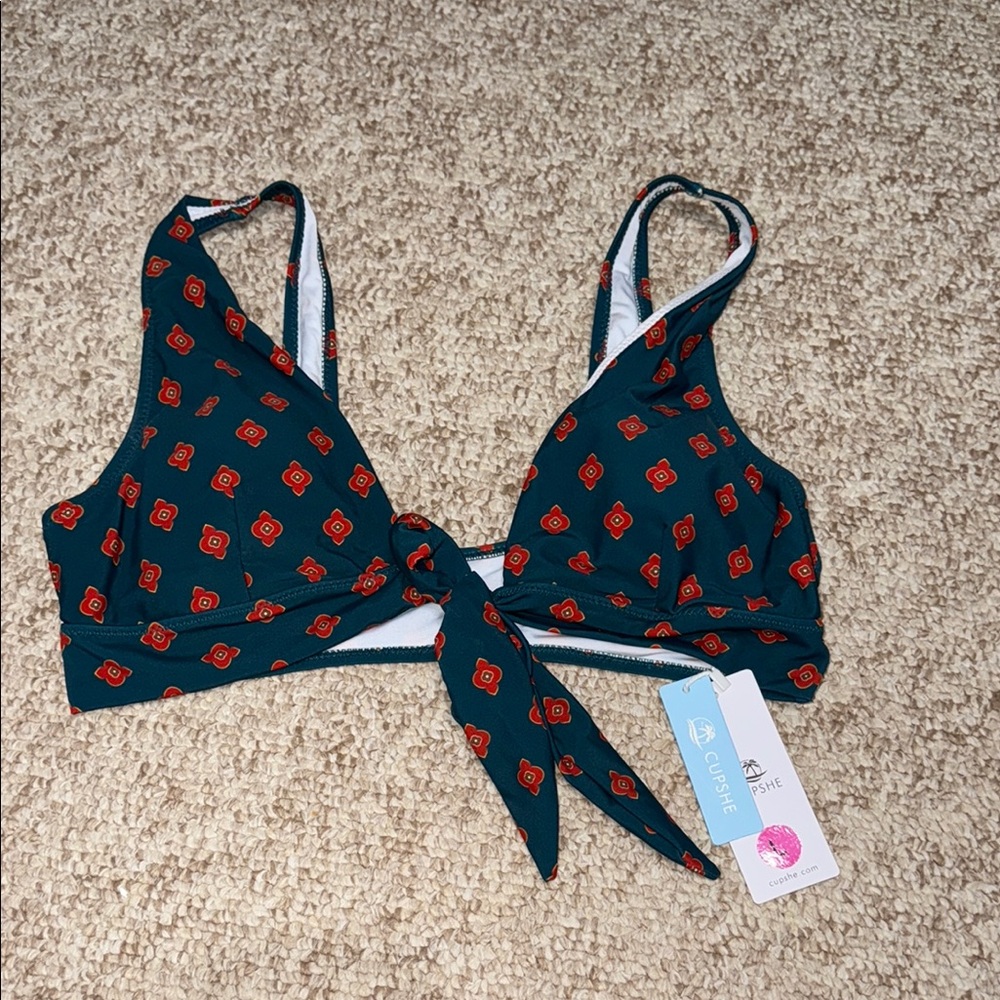 Cupshe Teal Bikini Top with Red Floral Accents